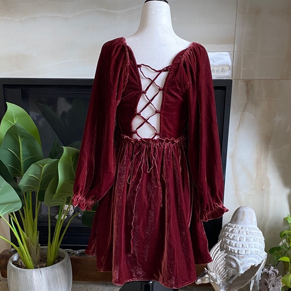 Free People Velvet Smocked Tunic Dress Wine Red Size S Dark Academia - Picture 3 of 14